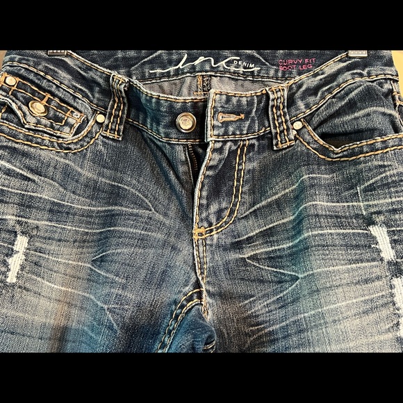 INC curvy fit boot leg jean, heavy top stitching, distressed, size 2 - Picture 2 of 5